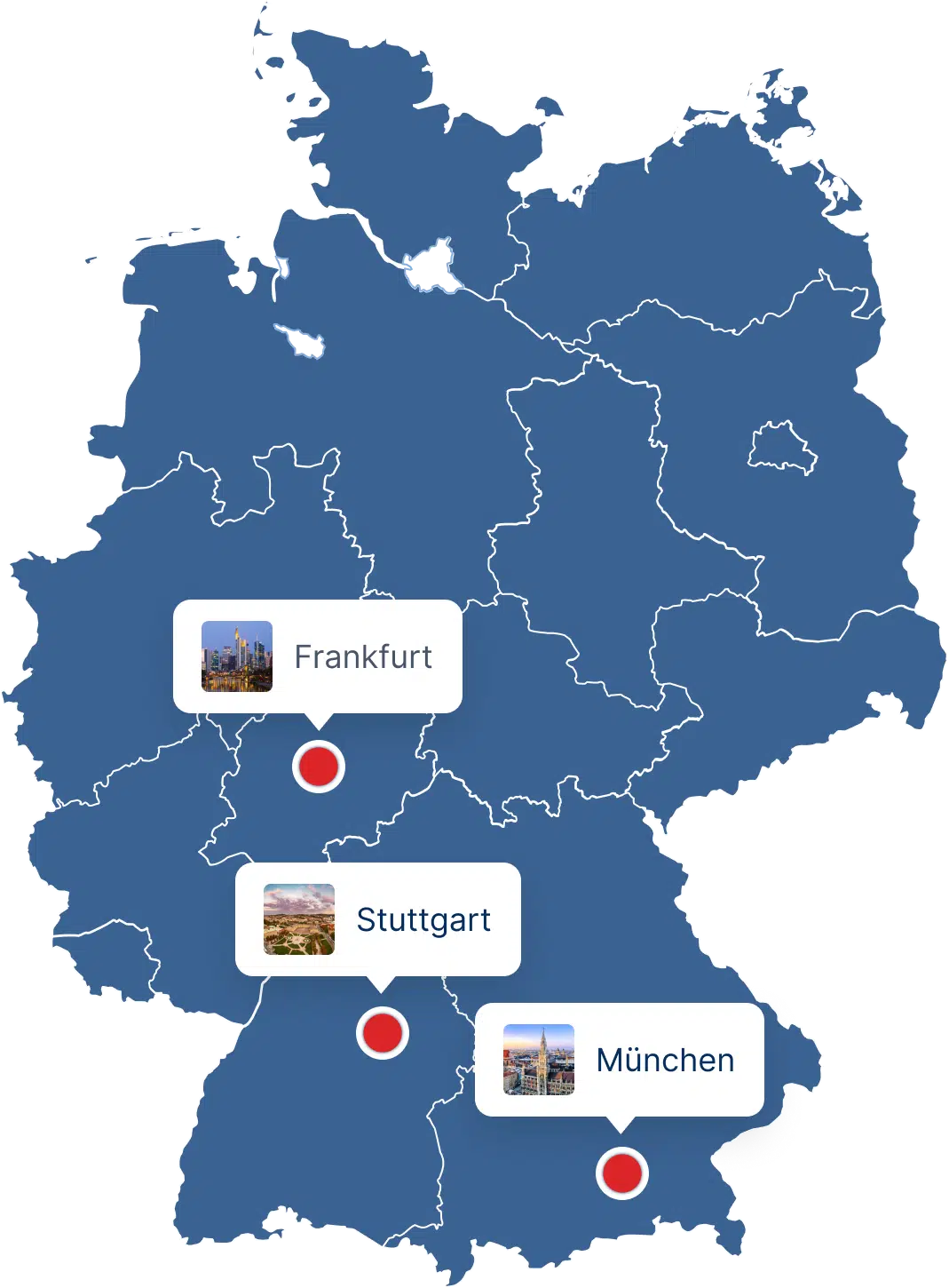 Deutschlandkarte mit den Standorten Frankfurt, Stuttgart und München